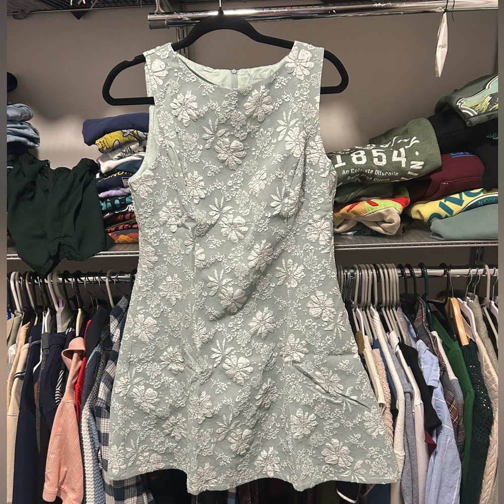 L Green and White A-Line brand new dress with high neck and white flower design